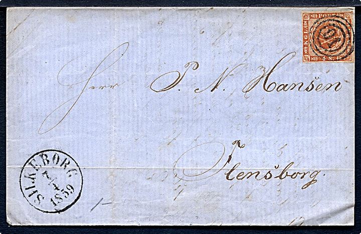 4 sk. 1858 udg. på brev annulleret med nr.stempel 91 og sidestemplet antiqua Silkeborg d. 7.4.1859 til Flensborg.