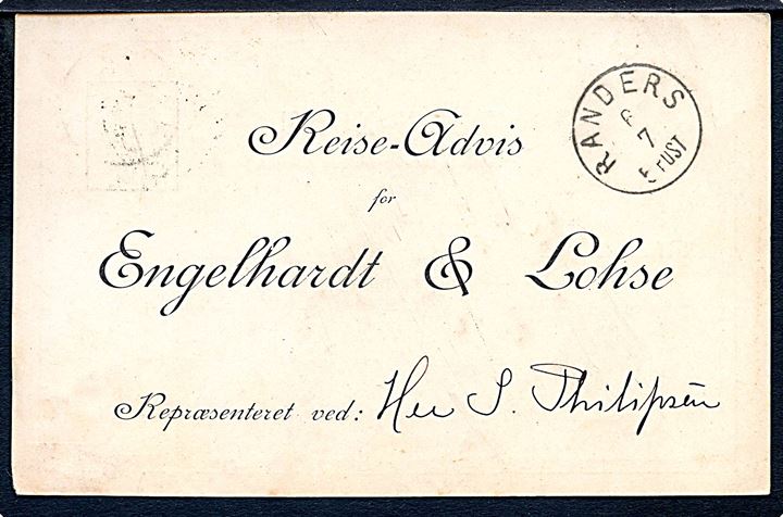 4 øre helsagsbrevkort anvendt som rejseadvis annulleret med lapidar Silkeborg JB.P. d. 6.7.188x til Randers.