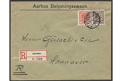 10 øre og 25 øre Chr. X på anbefalet brev fra Aarhus d. 22.9.1914 til Hannover, Tyskland.
