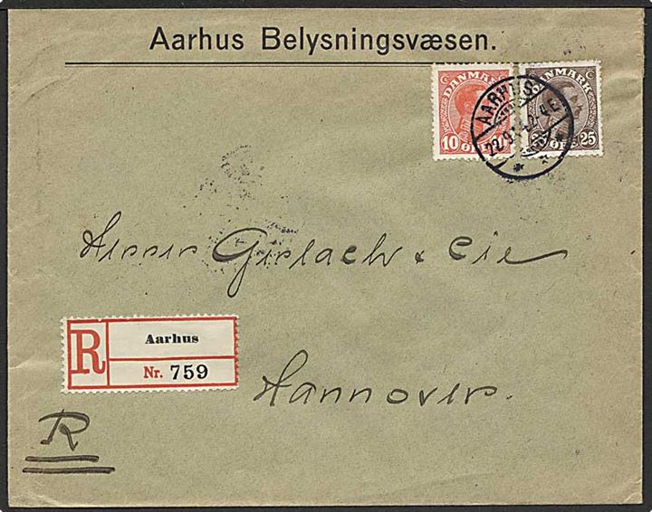 10 øre og 25 øre Chr. X på anbefalet brev fra Aarhus d. 22.9.1914 til Hannover, Tyskland.