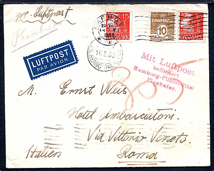 10 øre Bølgelinie og 15 øre Karavel (2) på luftpostbrev fra Aarhus d. 14.5.1933 via Berlin til Rom, Italien. Påskrevet kassebrev og rødt luftpost stempel Mit Luftpost befördert Hamburg-Fuhlsbüttel Flughafen.