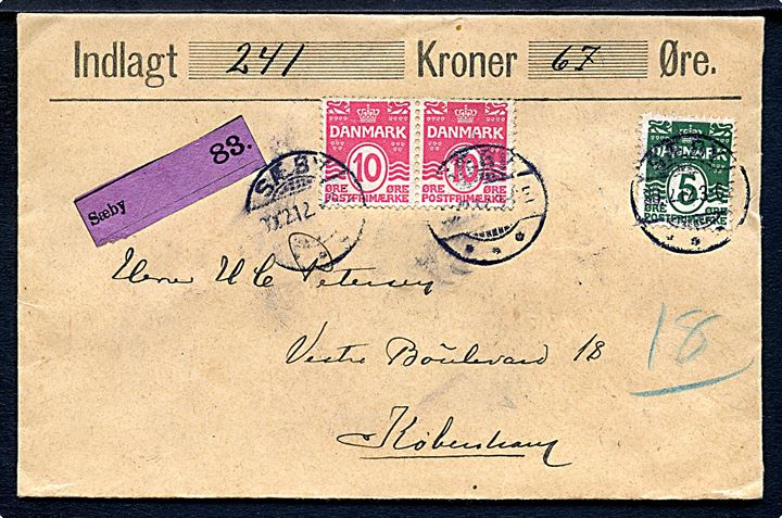 5 øre og 10 øre (par) Bølgelinie på værdibrev fra Sæby d. 30.12.1912 til København.