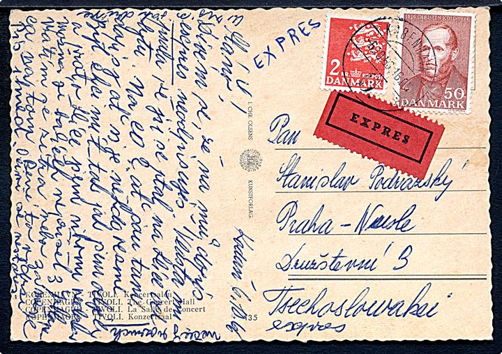 50 øre Christen Kold og 2 kr. Rigsvåben på ekspres brevkort fra København d. 6.10.1966 til Prag, Tjekkoslovakiet.