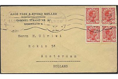10 øre Chr. X i to parstykker på brev fra København d. 9.5.1921 til Amsterdam, Holland.