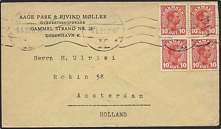 10 øre Chr. X i to parstykker på brev fra København d. 9.5.1921 til Amsterdam, Holland.