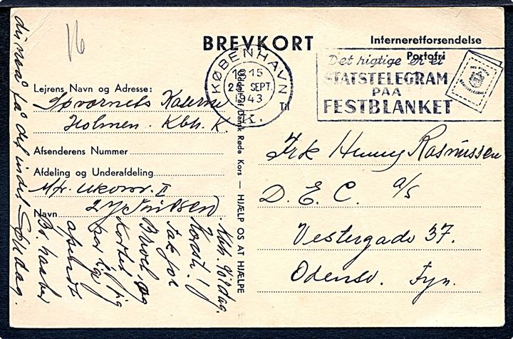 Fortrykt Interneretforsendelse brevkort fra underkvartermester interneret på Søværnets Kaserne, Holmen stemplet København d. 25.9.1943 til Odense.