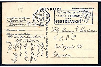 Fortrykt Interneretforsendelse brevkort fra underkvartermester interneret på Søværnets Kaserne, Holmen stemplet København d. 20.9.1943 til Odense.