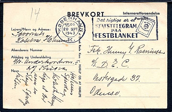 Fortrykt Interneretforsendelse brevkort fra underkvartermester interneret på Søværnets Kaserne, Holmen stemplet København d. 20.9.1943 til Odense.