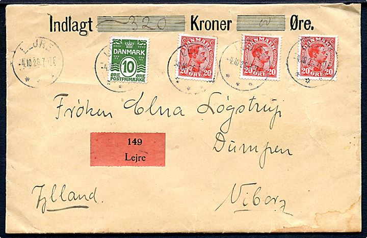 10 øre Bølgelinie og 20 øre Chr. X (3) på 70 øre frankeret værdibrev annulleret med brotype IIIb Lejre d. 4.10.1926 til Viborg.