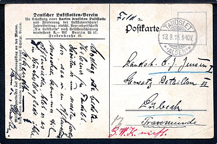 Ufrankeret feltpostkort (Flyver over fronten) stemplet Tandslet * (Alsen) * d. 13.9.1915 til soldat i Lübeck.