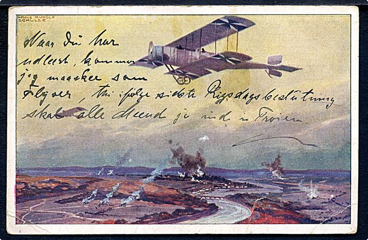 Ufrankeret feltpostkort (Flyver over fronten) stemplet Tandslet * (Alsen) * d. 13.9.1915 til soldat i Lübeck.