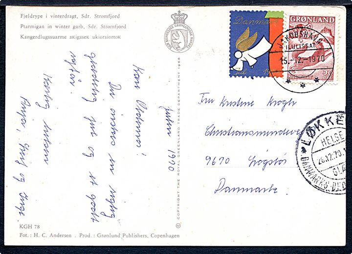 50 øre Drengen og Ræven og DANSK Julemærke 1970 på brevkort fra Jakobshavn d. 15.12.1970 til Løgstør. Fejlsendt til Løkken.
