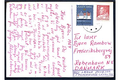 35 øre Fr. IX og DANSK Julemærke 1964 på brevkort (Grønlandsk fiskefartøj) fra Frederikshåb (utydelig dato) til København, Danmark.