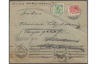 5 øre og 10 øre Chr. X på brev annulleret med bureaustempel Kjøbenhavn - Helsingør T.421 d. 18.6.1920 til Christiania, Norge - eftersendt til Tønsberg.