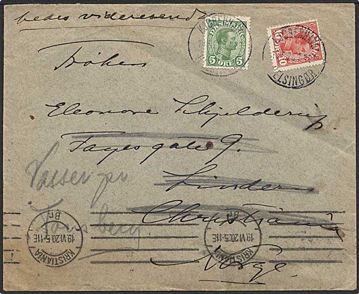 5 øre og 10 øre Chr. X på brev annulleret med bureaustempel Kjøbenhavn - Helsingør T.421 d. 18.6.1920 til Christiania, Norge - eftersendt til Tønsberg.