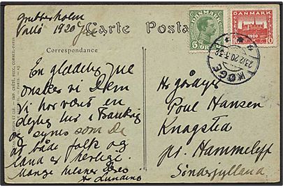 5 øre Chr. X og 10 øre Genforening på brevkort fra Køge d. 23.12.1920 til Hammelev, Sønderjylland.