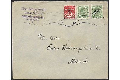 2 øre Bølgelinie og 5 øre Chr. X (2) på 12 øre frankeret brev fra Kjøbenhavn d. 1.5.1919 til Malmö, Sverige.