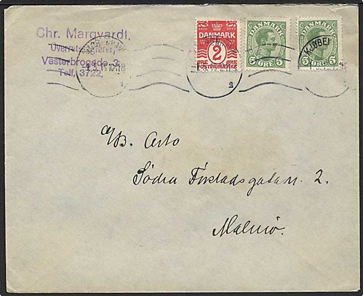 2 øre Bølgelinie og 5 øre Chr. X (2) på 12 øre frankeret brev fra Kjøbenhavn d. 1.5.1919 til Malmö, Sverige.