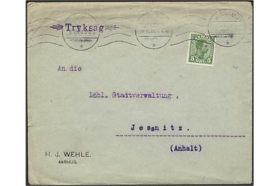 5 øre Chr. X single på tryksag fra Aarhus d. 6.12.1920 til Jessnitz, Tyskland.
