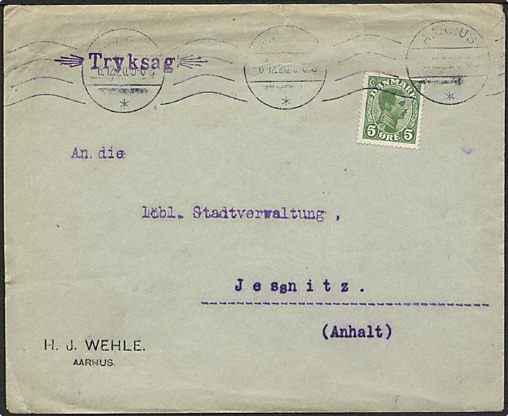 5 øre Chr. X single på tryksag fra Aarhus d. 6.12.1920 til Jessnitz, Tyskland.