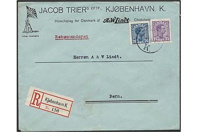 15 øre og 20 øre Chr. X på anbefalet brev fra Kjøbenhavn d. 17.11.1919 til Bern, Schweiz.
