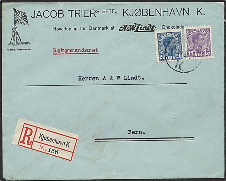 15 øre og 20 øre Chr. X på anbefalet brev fra Kjøbenhavn d. 17.11.1919 til Bern, Schweiz.