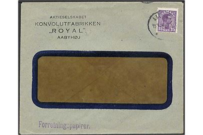 15 øre Chr. X single på rudekuvert sendt som forretningspapirer fra Aabyhøj d. 15.9.1926.