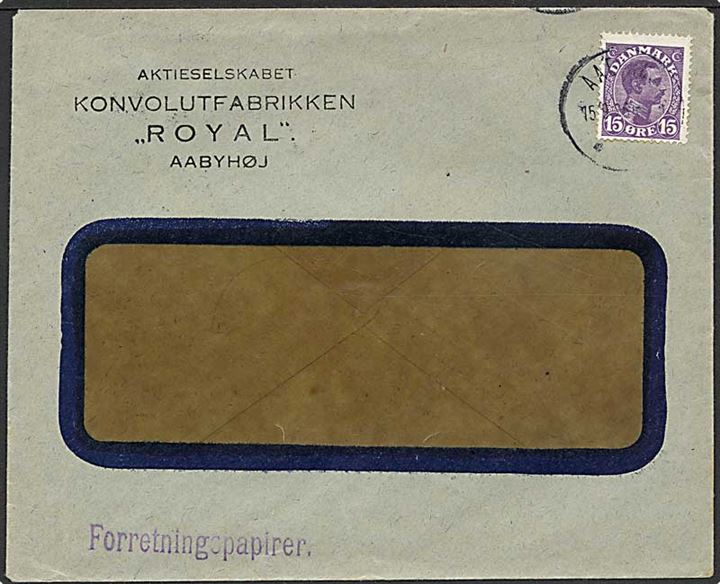 15 øre Chr. X single på rudekuvert sendt som forretningspapirer fra Aabyhøj d. 15.9.1926.