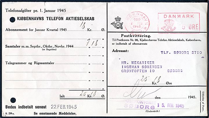 5 øre posthusfranko på telefonregning sendt som lokal tryksag fra København d. 2.2.1945 til Søborg. 2 arkivhuller.