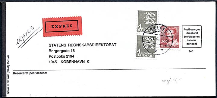 Ufrankeret svarkuvert opfrankeret med 2 kr. Margrethe og 4 kr. Rigsvåben i parstykke sendt som ekspres fra Skagen d. 3.1.1983 til København.