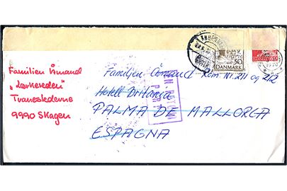 60 øre Fr. IX og 50 øre Fr. IX 70 år på brev fra Lyngby d. 3.6.1970 til Palma de Mallorca, Spanien. Retur og eftersendt til Skagen med flere stempler.