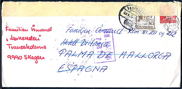 60 øre Fr. IX og 50 øre Fr. IX 70 år på brev fra Lyngby d. 3.6.1970 til Palma de Mallorca, Spanien. Retur og eftersendt til Skagen med flere stempler.