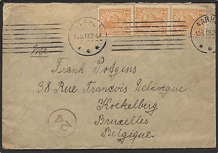 7 øre Chr. X i 3-stribe på brev fra Aarhus d. 15.5.1919 til Bruxelles, Belgien. Overfrankeret med 1 øre.