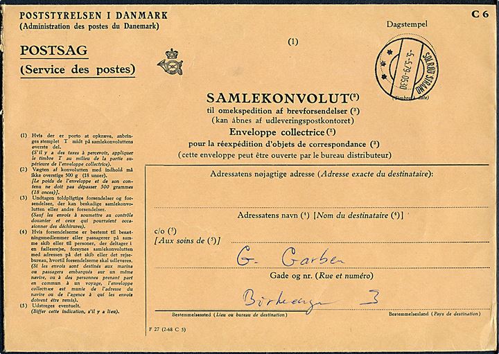 Samlekuvert - formular F27 (2-68 C5) - med eftersendt post fra Solrød Strand d. 5.5.1979.