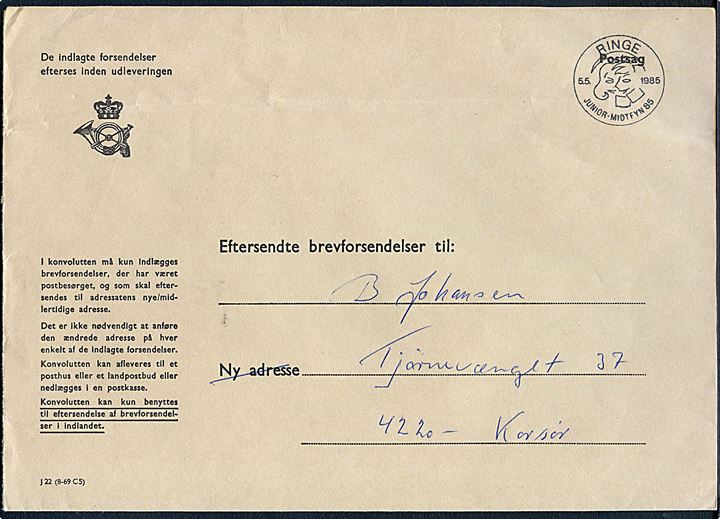 Postsagskuvert til eftersendte brevforsendelser - J22 (8-69 C5) - med særstempel Ringe Junior-Midtfyn 85 d. 5.5.1985 til Korsør.