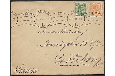 5 øre og 7 øre Chr. X på 12 øre frankeret brev fra Kjøbenhavn L. d. 21.6.1919 til Göteborg, Sverige.