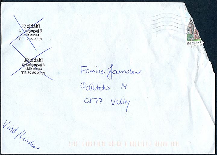Beskadiget kuvert fra Asnæs med følgeskrivelse fra Midtsjællands Postcenter d. 16-5-2006 vedr. brevet beskadiget i OCR/Sætte maskinen.