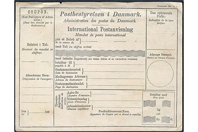 International Postanvisning formular Nr. 15 a. fra 1880'erne. Ubrugt.