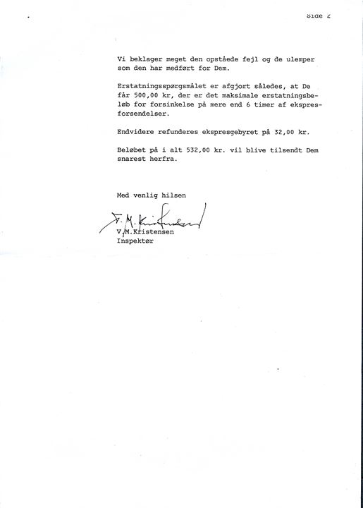 Skrivelse fra Områdepostkontor Århus Vest d. 19.7.1990 vedr. Forsinkelse af ekspresbrev.