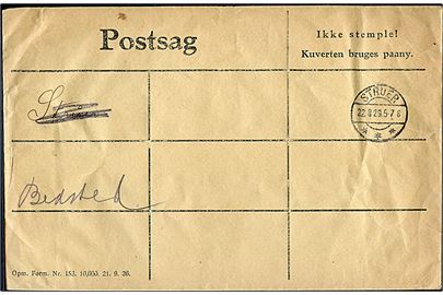 Postsag genbrugskuvert - Opm. Form. 153 10,000 21.9.1926 - fra Struer d. 22.8.1929 til Bedsted. 