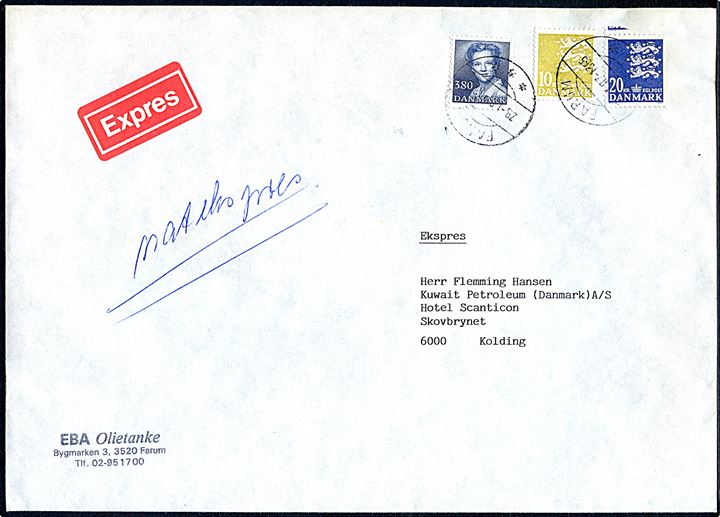 3,80 kr. Margrethe, 10 kr. og 20 øre Rigsvåben på ekspresbrev påskrevet Natekspres fra Farum d. 29.1.1987 til Kolding.