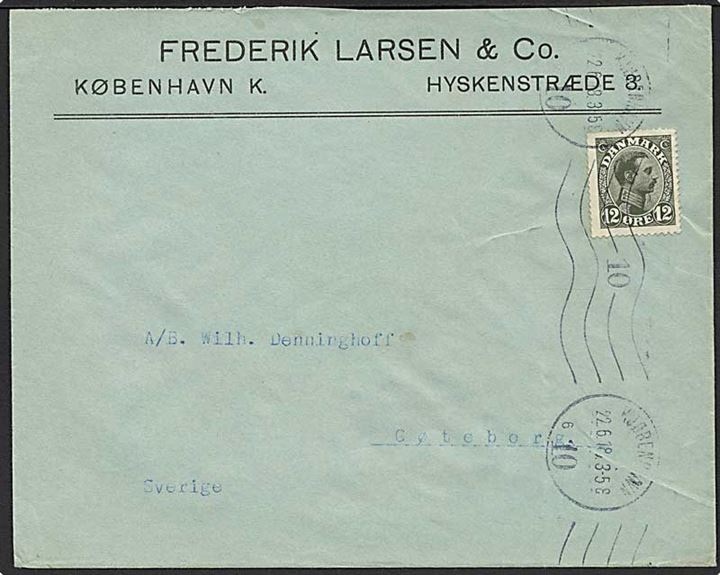 12 øre Chr. X single på brev fra København d. 22.6.1918 til Göteborg, Sverige.