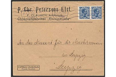 20 øre Chr. X i parstykke på brev fra Aarhus d. 25.4.1921 til Leipzig, Tyskland.