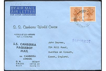 10d Elizabeth i parstykke på air letter annulleret Port Louis Mauritius d. 19.3.1981 og sidestemplet Paquebot til England. Flere stempler fra M/S Canberra.