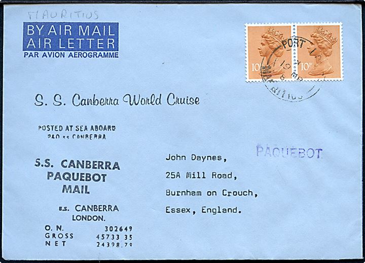 10d Elizabeth i parstykke på air letter annulleret Port Louis Mauritius d. 19.3.1981 og sidestemplet Paquebot til England. Flere stempler fra M/S Canberra.