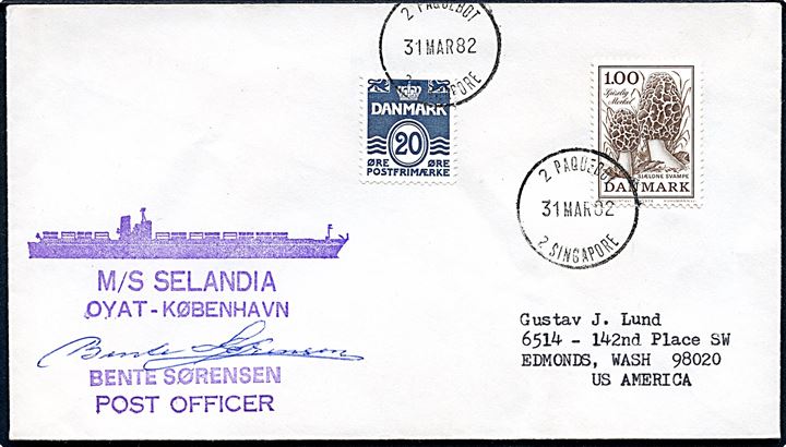 20 øre Bølgelinie og 1 kr. Svampr på filatelistisk skibsbrev annulleret Paquebot Singapore d. 31.3.1982 til Edmonds, SUA. Fra M/S Selandia.