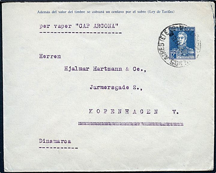 12 c. helsagskuvert fra Buenos Aires 1931 med påskrevet skibsnavn per vaper Cap Arcona til København, Danmark.