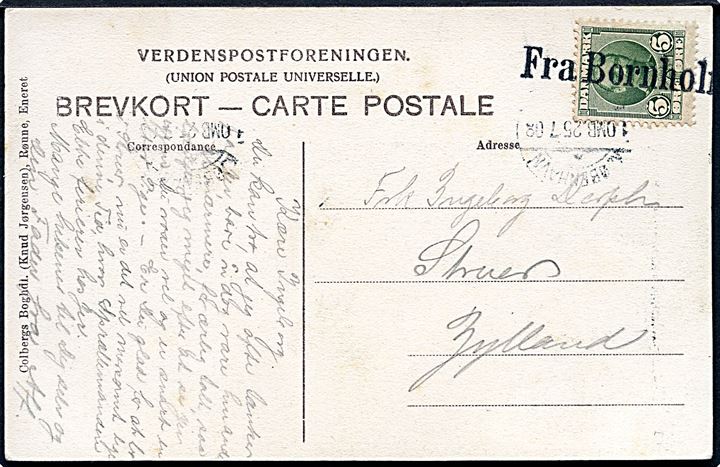 5 øre Fr. VIII på brevkort annulleret Fra Bornholm og sidestemplet Kjøbenhavn d. 25.7.1908 til Struer.