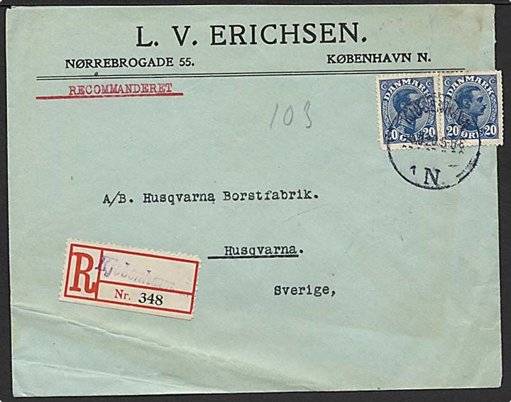 20 øre Chr. X i parstykke på anbefalet brev fra Kjøbenhavn d. 4.10.1920 til Husqvarna, Sverige.