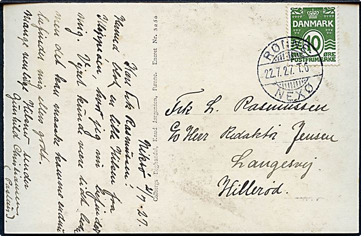 10 øre Bølgelinie på brevkort fra Neksø annulleret med bureaustempel Rønne - Nexø T.6 d. 22.7.1927 til Hillerød.